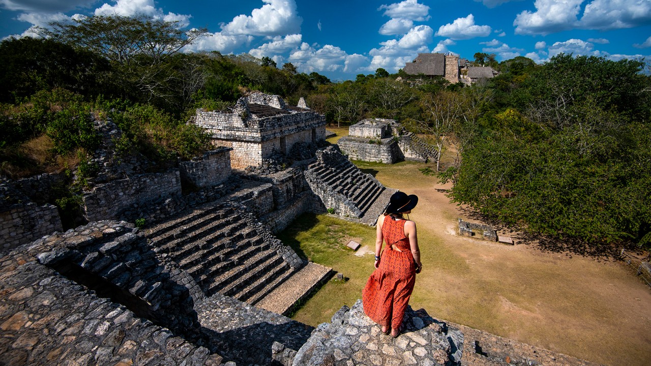 Writer Kassondra Cloos decends the Oval Palace at Ek Balam archaeological site in the state of Yucatán, Mexico.